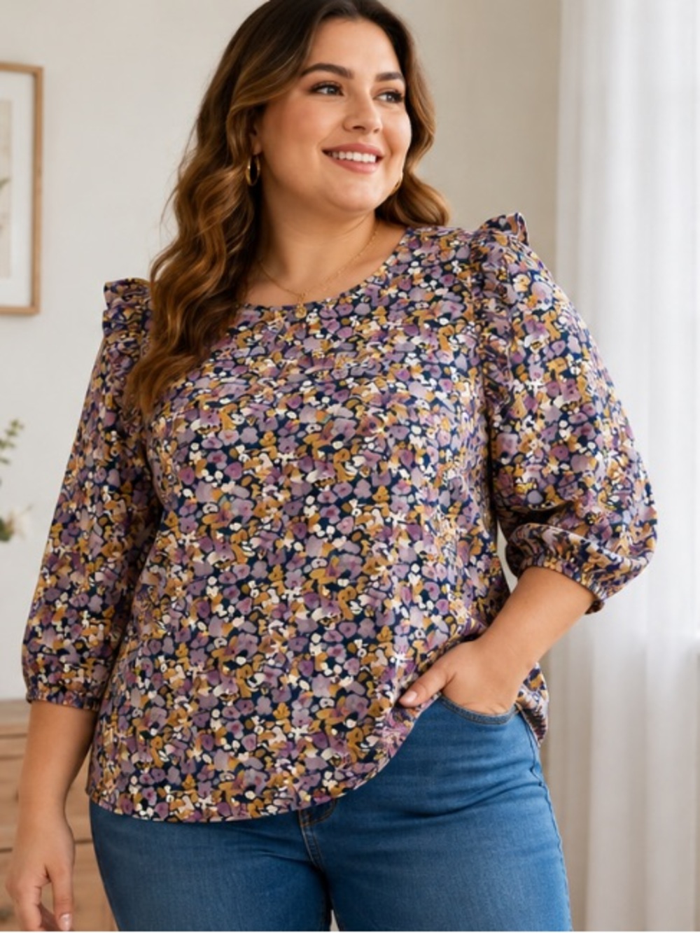 SHEIN Curve Plus XXL Floral Ruffle Shoulder Blouse Puff Sleeve Cottagecore